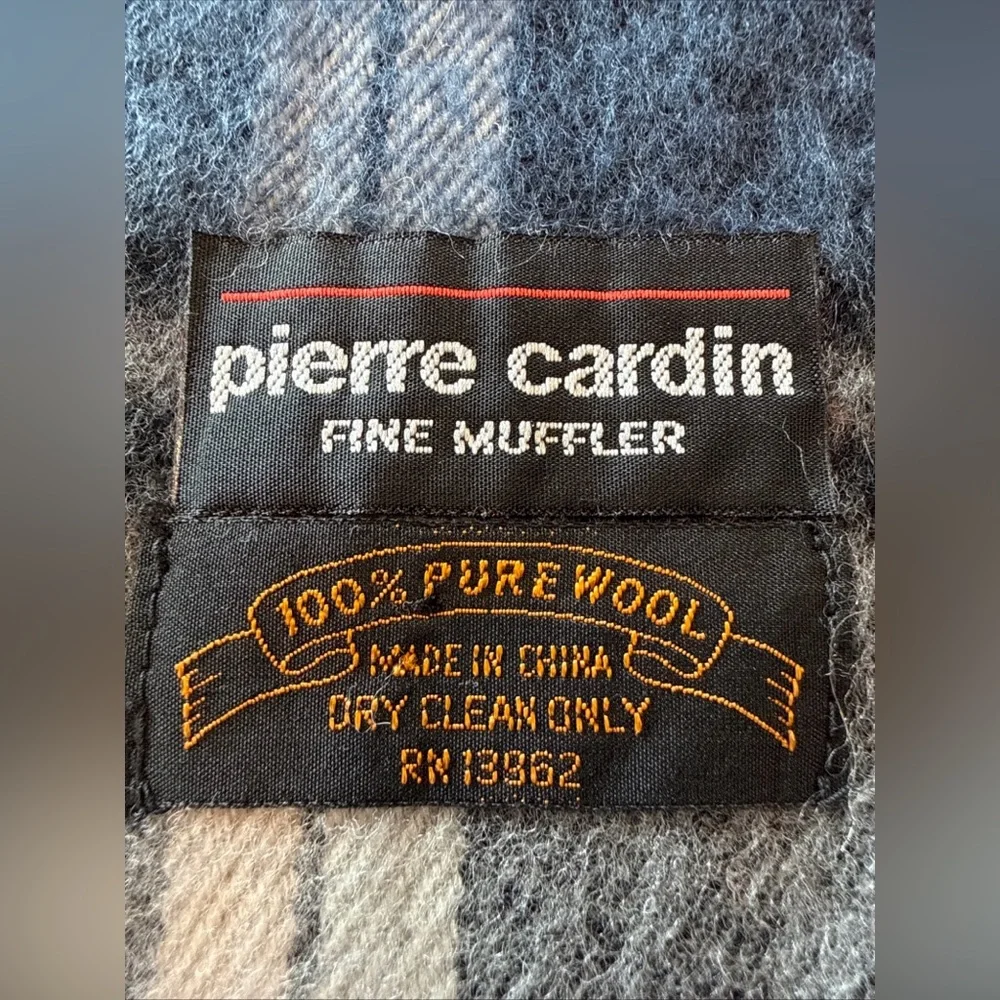 Pierre Cardin Tartan Plaid Men’s Scarf Pure Wool Gray Blue Fringe 12